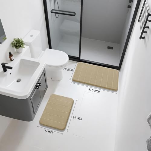 Yimobra Memory Foam Bathroom Rugs Sets 2 Piece - Super Soft Absorbent Quick Dry Bath Mat Set, Machine Washable Non Slip Floor Carpet for Tub Shower & Single Sink (17x24 & 31.5x20 Inch, Pale Khaki) - color: Pale Khaki, size: 31.5x20+24x17 Inch