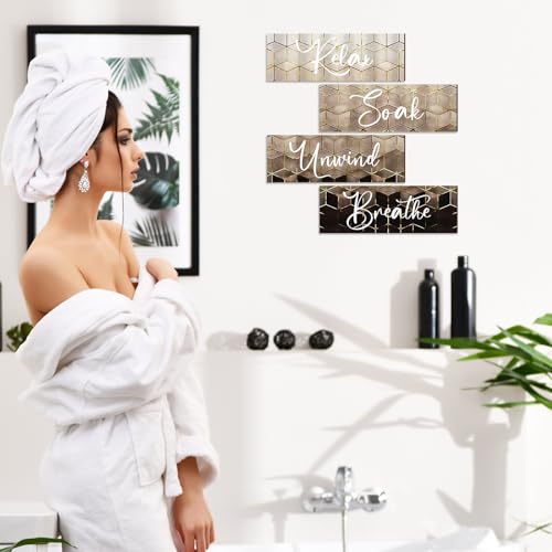 Huwena 4 Pcs Brown Bathroom Wall Decorations Modern Gradient Wood Wall Art Beige Bathroom Sign Relax Soak Unwind Breathe Geometric Golden Cubic Lines Hanging Sign for Home Living Room Toilet