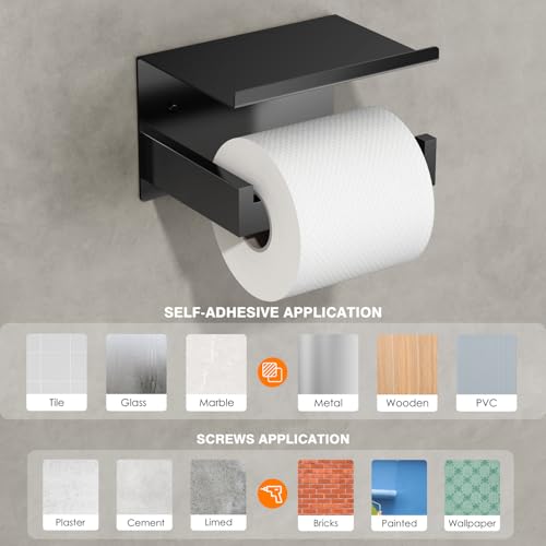 Auxmir Self Adhesive Toilet Paper Holder with Shelf, Premium SUS304 Stainless Steel Rustproof Wall Mounted Toilet Roll Holder, Toilet Tissue Holder for Bathroom Shower Washroom Kitchen RV, Black - color: Tp Holder With Shelf-black