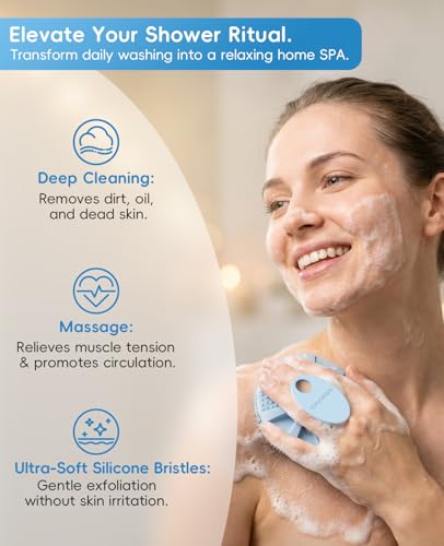 1 Pack Soft Silicone Shower Brush, Body Exfoliating Skin Massage Scrubber | Body Wash Bath Dry Skin Brushing Glove Loofah, Fit for Sensitive and All Kinds of Skin(Sky Blue) - color: Sky Blue