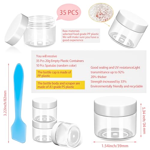 35 Pack 20g Plastic Jars with Lids, 20ml Round Clear Cosmetic Containers Makeup Jars, Travel Size Container Jar with 10 Spatulas for Sample Lotion Cream Eyeshadow Ointment Salve Balm Powder - color: White, size: 20g