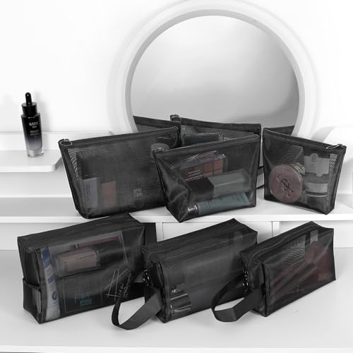 6 Pieces Zipper Mesh Makeup Bags Set, Nylon Cosmetic Bags Portable Clear Toiletry Bas Travel Organizer Bags for Office Travelling Organization (Black, Assorted Size) - color: Black