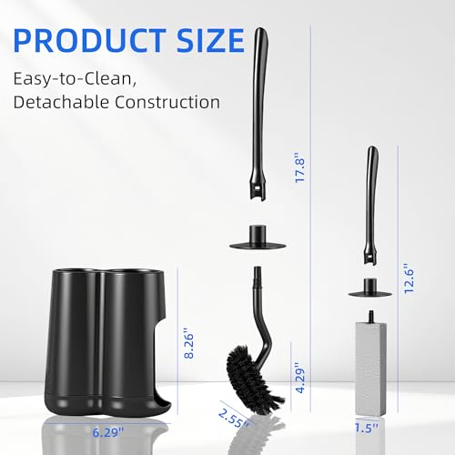 Toilet Brush and Holder Set with Pumice Stone – Long Handle Toilet Bowl Brush, Anti-Splash Scrubber, Ventilated Drip-Free Base, Deep Cleaner for Hard Water Stains, Limescale, Toilet Rings - color: Black