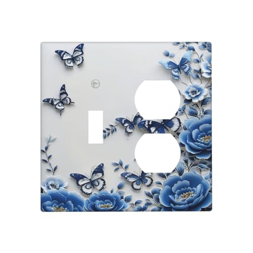 Light Switch Cover Plate Blue Peony Flowers Butterfly Vintage Floral 2 Gang Decorative Switch Plates 1 Toggle Duplex Combo Outlet Covers GFCI Wall Plates for Bathroom Bedroom Decor - color: Blue Peony Flowers Butterfly Vintage Floral, size: 1 Toggle 1 Dup