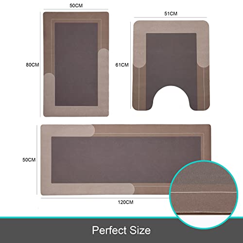 HelloTree 3PCS Bath Mat Rug Rubber Non Slip Quick Dry Rug Sets Super Absorbent Thin Bathroom Rugs Fit Under Door Khaki Washable Bathroom Floor Mats for in Front of Bathtub, Shower Room, Sink - color: Khaki, size: 20" X 32" + 20" X 47"+ U Shape 20" X 24"