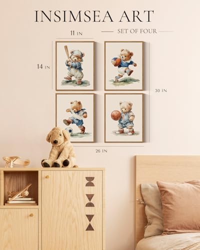 InSimSea 4 pcs Framed Canvas Art, Cute Sports Bears Watercolor Art Prints, Funny Playful Wall Pictures Decor for Kids Room Bedroom Playroom Nursery,11x14in,set of 4, Neutral Maximalist Decor - color: Cute Sports Bears