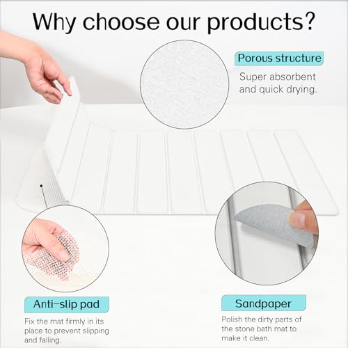 Cuckan 2 Pack Foldable Stone Bath Mats for Bathroom Super Absorbent Diatomaceous Earth Bath Mat Quick Dry Bath Rug Drying Mats with Non Slip Shower Rug Tub Shower Mat - color: White, size: 2x Rug 15x24" + 2x Non-slip Mat