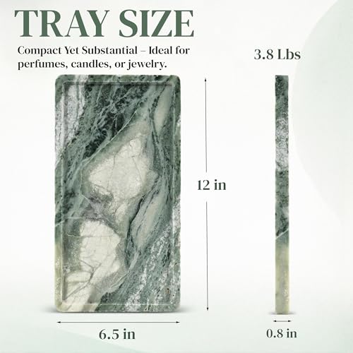 Green Marble Tray – 12" x 6.5" Decorative Vanity Tray for Bathroom, Countertop, Jewelry, Candles, Kitchen | Natural Stone Organizer for Makeup, Perfume, Skincare & Home Décor