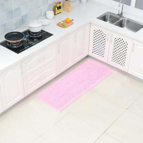 LanYunUmi Pink Rugs for Bathroom Slip-Resistant Shag Chenille Bath Rugs Mat Extra Soft and Absorbent Bath Rug for Shower Room Machine-Washable Fast Dry (Pink, 20"x47") - color: Pink, size: 20"x47"