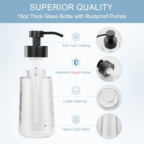 Soap Dispenser, Clear Glass Soap Dispenser with Rust Proof Pump, 16oz Liquid Soap Pump with Waterproof Labels, Dish & Hand Soap for Bathroom, Kitchen, Matte Black, Pack of 2 - color: Matte Black