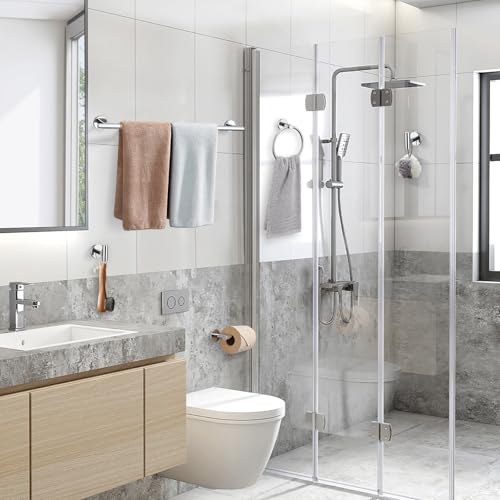 TURS Chrome 5 Piece Bathroom Hardware Set, SUS304 Stainless Steel 24 Inch Bath Towel Bar Set, Round Bathroom Accessories Kit Wall Mounted - color: Chrome