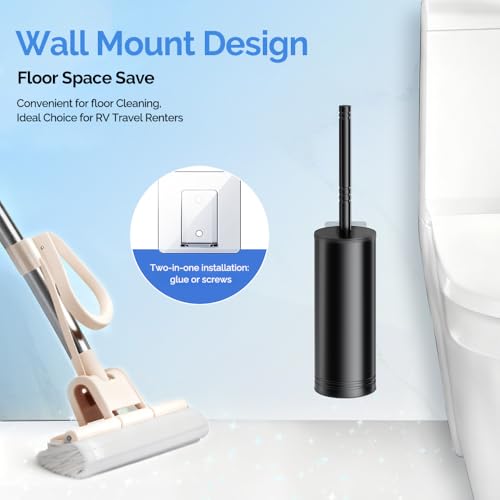 HAMITOR Toilet Brush and Holder Set: Stainless Steel Heavy Duty Bowl Cleaner Brush - Deep Cleaning Under Rim Curved Bristle - Space Saving Wall-Mounted for Home RV Bathroom Accessories Black 1 Pack - color: Black