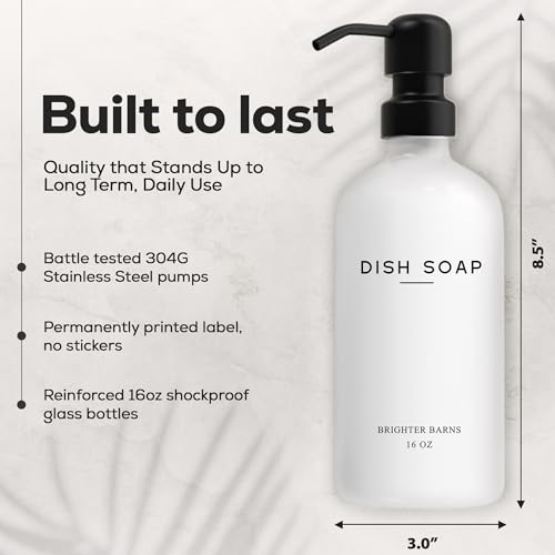 White Glass Hand and Dish Soap Dispenser Set by Brighter Barns - Kitchen Soap Dispenser & Stainless Steel Pump - Glass Bottles for Kitchen Sink - Farmhouse Home Decor, Bathroom Accessories (White) - color: White Hd