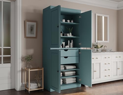 Palace Imports Solid Wood Tall Bathroom Pantry Cabinet with 4 Wooden Doors & Adjustable Shelves, Aqua - 100% Eco-Friendly, Renewable, Space-Saving Storage, 71.5" H x 32" W, Made in Brazil - color: Aqua