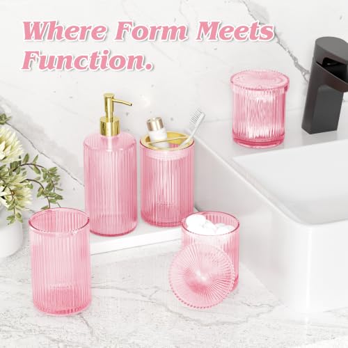 Pink Glass Bathroom Accessories Set 5 Piece, Vintage Ribbed Soap Dispenser, Toothbrush Holder, Tumbler, Qtip Jars, Cute Aesthetic Vanity Organizer for Home, Restroom Countertop Decor - color: Pink, size: 5 Pieces
