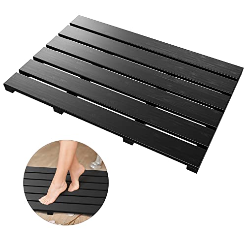 Bath Mat for Bathroom Luxury Shower - Non-Slip Bamboo Wooden Waterproof Floor Mat for Indoor or Outdoor Use(Black) - color: Black, size: 21.3" x 14.2" (Rectangular)
