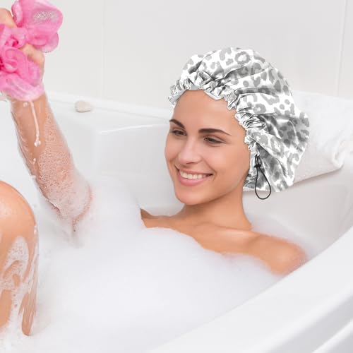 2 PCS Shower Cap Waterproof Double Layer Elastic Adjustable Reusable Hair Bath Caps for Girls Women Cute Aesthetic-Grey - color: G16-Grey