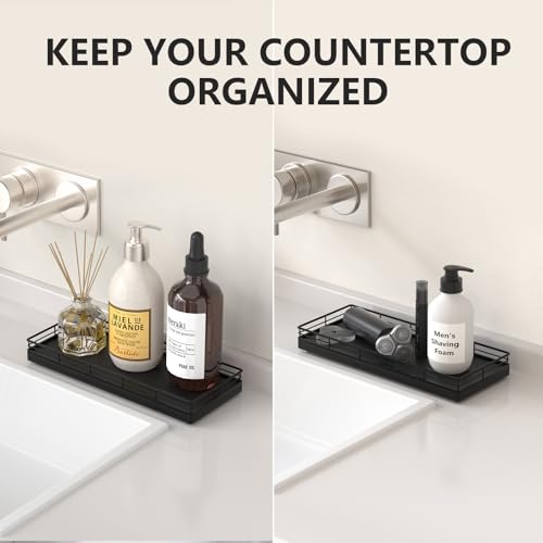 Bathroom Tray for Counter Top Organizer, Oak Wood Vanity Tray | Metal Frame for Dresser, Kitchen & Nightstand, Black Decorative Storage - color: Black, size: 11" x 4.5" x 1.5"