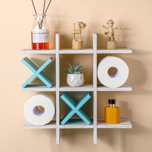 Weysat Tic Tac Toe Toilet Paper Holder Stand Bathroom Wall Decor Rustic Wooden Hanging Storage Freestanding Wall Mounted Shelves Decor for Toilet Tissue Farmhouse - color: White, Light Blue
