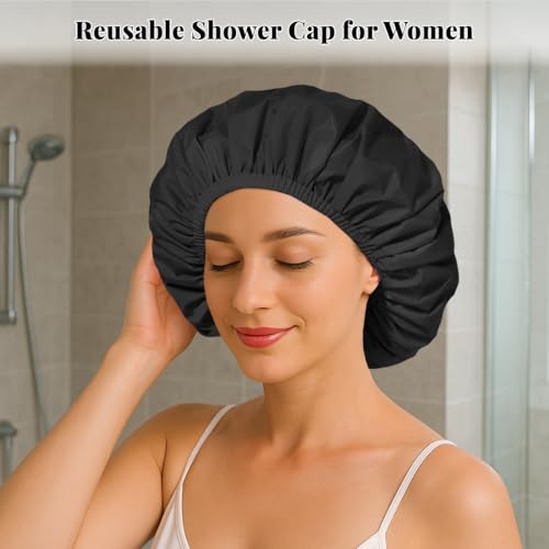 3 Pack Reusable Shower Cap for Women, Waterproof Hair Cap for Shower and Bath, Large Bath Cap for Long Thick Hair - color: A02-Black