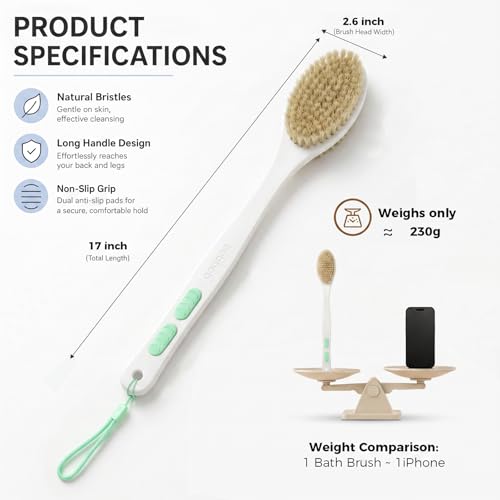 Back Scrubber for Shower with Long Handle,Green | Double Sided Bristles (Stiff & Soft), Anti-Slip Grip, Lightweight - Gift for Seniors, Includes Lanyard & Hook - color: Green