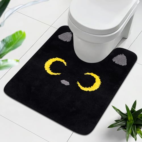 Toilet Rug - Cute Cat Rugs U Shaped Washable,Soft and Absorbent Bath Rug,Non Slip Toilet Bath Mat,Bathroom Contour Rug for Toilet Base(Black, 24" x 20") - color: Black, size: 24" x 20"