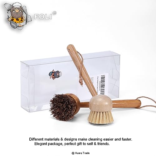 FOLI Bamboo Handle Dish Scrub Brushes - Wooden Cleaning Scrubbers with Stiff Bristles for Washing Kitchen Cast Iron Pan Pot (2PCS with Sisal & Palm Bristles, Long Handle)