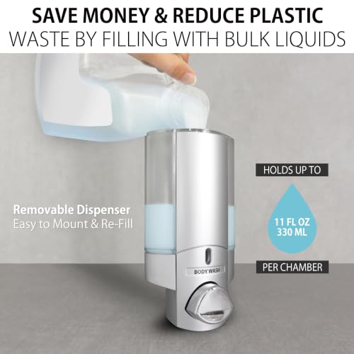 Better Living Aviva Wall Mount Shower Dispenser, 2 x 11oz, Satin Silver | 2 Chamber, Shampoo, Conditioner, Body Wash and Soap Dispenser, Built-in Hooks, No Drill, Waterproof Shampoo Soap Dispenser - color: Satin Silver, size: 2-Chamber