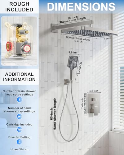 Shower System 13-Inch Rainfall Shower Head - 3 Setting Handheld Sprayer, Complete Bathroom Set with Faucet Mixer Trim Kit & Valve Brushed Nickel - color: Brushed Nickel, size: 13''