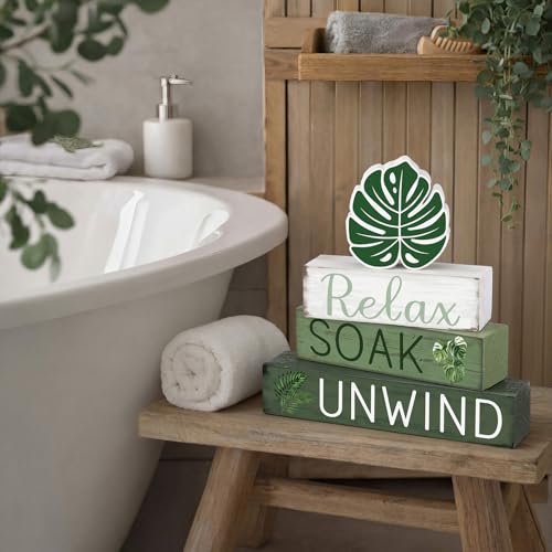 Cinnvoice 4 Pcs Tropical Palm Leaves Bathroom Decor Farmhouse Bathroom Decoration Relax Soak Unwind Table Centerpiece Gift for Christmas Valentines Back to School - style: Tropical Relax Soak Unwind