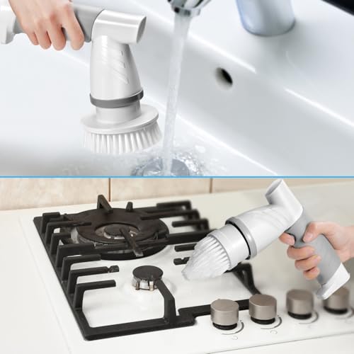 Electric Spin Scrubber, Bathroom Shower Electric Scrubber for Cleaning Tub/Tile/Floor/Sink/Window, Power Cleaning Brush Rechargeable Cordless with 4 Replaceable Cleaner Brush Heads - color: 01 Classic Grey