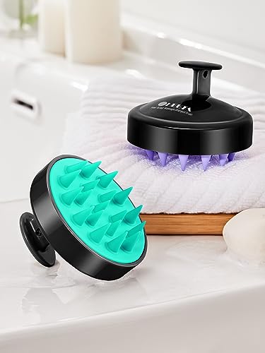 HEETA Scalp Massager Hair Growth 2-Pack, Soft Silicone Scalp Scrubber Shampoo Brush for Exfoliation Dandruff Removal Head Massage Stress Relax, Wet & Dry Use for Women Men Thick Thin Curly Hair Care - color: Turquoise & Purple