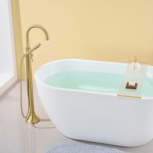 Wowkk Free Standing Tub Faucet Brushed Gold Freestanding Bathtub Faucet Floor Mount Brass Bathroom Tub Filler with Hand Shower - color: Brushed Gold, style: Modern