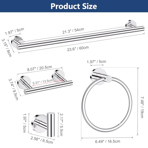 TQKAG Polished Chrome 5 Piece Bathroom Hardware Accessories Set 23.6" SUS304 Stainless Steel Bathroom Towel Bar Holder Sets Double Post Pivoting Toilet Paper Holder Set Wall Mounted - color: Polished Chrome, size: 5-Pieces Set-B