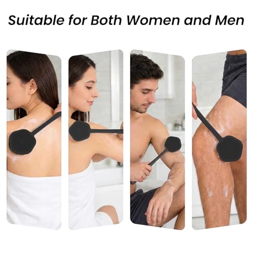 Redfly Silicone Back Scrubber for Shower Brush, 17 inch Long Handled Silicone Body Scrubber, Double Sided Shower Scrubber for Body Brush - color: Ink-black