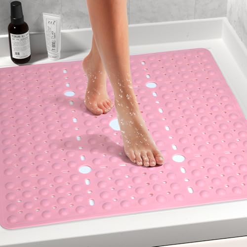 Large Square Shower Mat 27 x 27 Inch Pink, Non Slip Shower Bathtub Mats for Inside Shower with Big Suction Cups Drain Holes, Anti Slip Bathroom Floor Shower Stall Mats, Easy Clean, BPA-Free - color: Pink