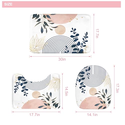 Riyidecor Boho Pink Navy Blue 4Pcs Shower Curtain Set with Toilet Lid Cover and Non-Slip Rugs, Mid Century Modern Minimalist Bathroom Decor Set，Abstract Contour and Bath Mat with 12 Hooks - color: 02pink Navy