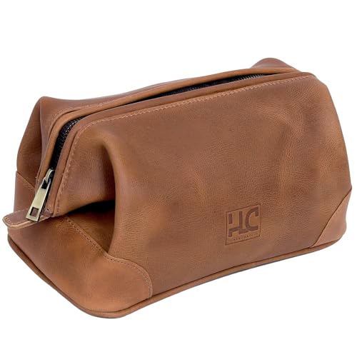 HLC Leather Toiletry Bag for Men Best Gift Premium Genuine Leather Dopp Kit Shaving Kit Organizer Travel Kit Pouch Bag for Men Large Size (TAN) - color: Tan