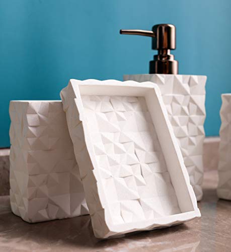 Hymmah Bathroom Accessories Set,Toothbrush Holder,Farmhouse Bathroom Decor,4 Pcs Resin Gift Set Apartment Necessities, Contain Toothbrush Cup,Soap Dispenser,Soap Dish,Tumbler - color: White Diamond Pattern