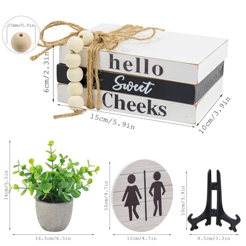Bathroom Shelf Decor Signs, Book Stack and 3D Round Signs With Fake Plants, Funny Hello Sweet Cheeks Wooden Rustic Decor for Restroom Shelf Thanksgiving Christmas Gift (Sweet Cheeks) - color: Sweet Cheeks