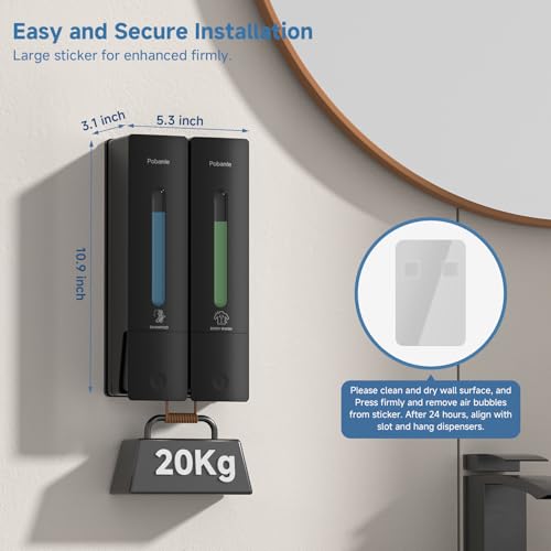 Shampoo Dispenser for Shower - Shower Soap Dispenser Wall Mounted No Drill - Shampoo Body Wash Dispenser 2 Chamber - Easy Install for Bathroom Hotel Black 800ml - color: Black