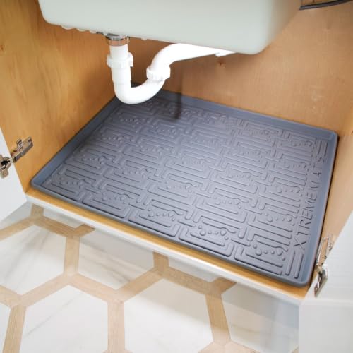 XTREME MATS Waterproof Undersink Mat (Grey 25" 1/4 x 22 1/4) Cabinet Base Liner for Kitchen & Laundry Cabinets Catches Leaks Prevents Damage Flexible Sink Driptray - color: Gray, size: 25" 1/4 x 22" 1/4)