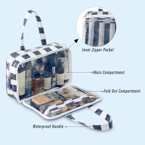 Travel Toiletry Bag for Women, Waterproof Clear Coated Portable Stripe Makeup Cosmetic Bag with Compartment, Travel Organizer for Shampoo, Conditioner, Brushes Set,Cosmetic Accessories(White-Navy) - color: White-Navy