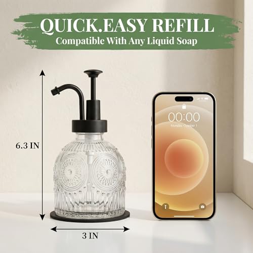 Vintage Glass Soap Dispenser 2 Pack for Bathroom Kitchen, with Black Pump and Non-Slip Mat, Refillable for Hand Soap, Dish Soap, Lotion, Shower Gel, Modern Farmhouse Decor (8 oz, White) - color: White