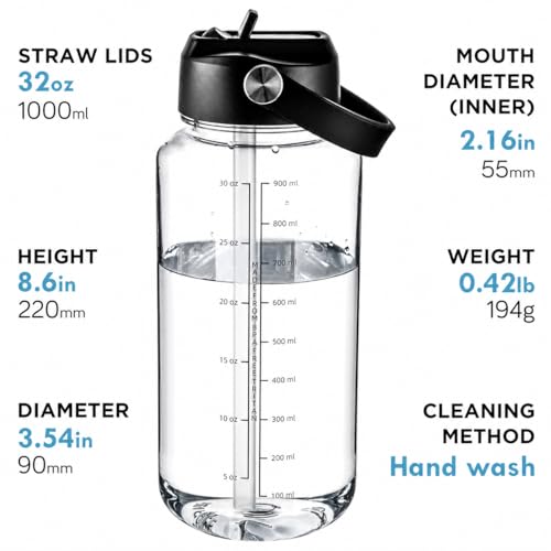 OLDLEY 32oz Water Bottle with Straw,Leakproof Tritan Clear Bottle with Marked Bottle and Carry Handle, BPA-Free Wide Mouth Reusable Sports Water Bottle for Gym,Hiking, Camping, Travel, Workout,Clear - color: A.Clear