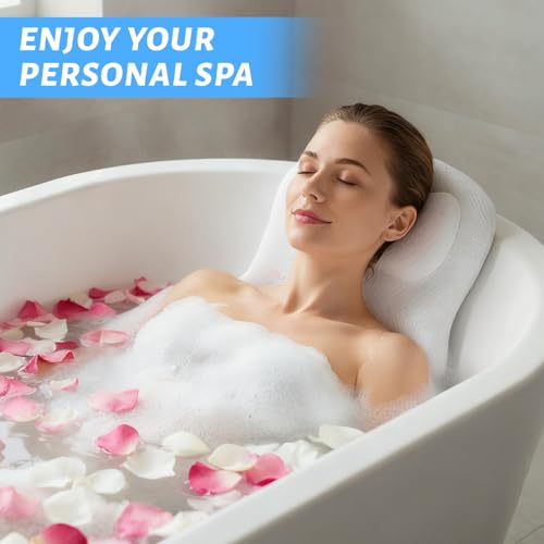 Full Body Bath Pillow for Bathtub, Thick Bathtub Cushion for Soaking Tub with Suction Cups Ergonomic Luxury 3D Mesh Spa Bath Mat with Laundry Bag and Scraper for Neck and Back, 51"x15", White
