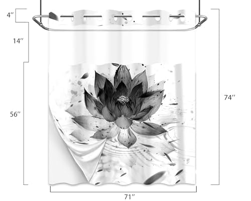 Black and White Lotus Hookless Shower Curtain with Liner, 71"x74" | Zen Spa Design, No Hook Ringless, Snap in Liner, Window, Waterproof Cloth Fabric - color: Ink Water, size: 71"W x 74"L (Pack of 1)