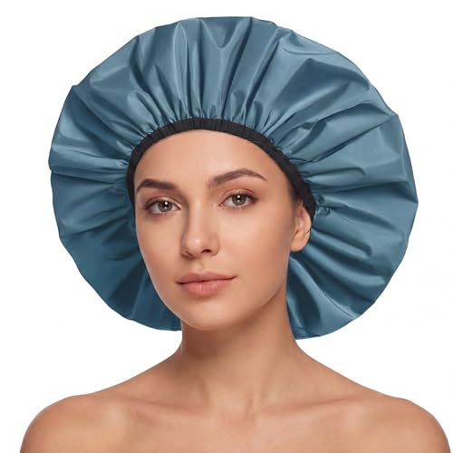 Extra Large Shower Cap for Women, Reusable Waterproof Shower Bonnet with Satin Lining, Double Layer Washable Bath Hair Cap for Braids, Locs, Long Thick Curly Hair, Natural Hair(Big Haze Blue) - color: Haze Blue