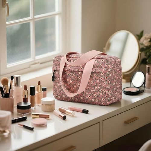 Large Makeup Bag for Women Corduroy Cosmetic bag Make up Bags Zipper Pouch with handle Cosmetic Organizer Toiletry Bag for Travel Storage - color: 28-Sunflower Pink