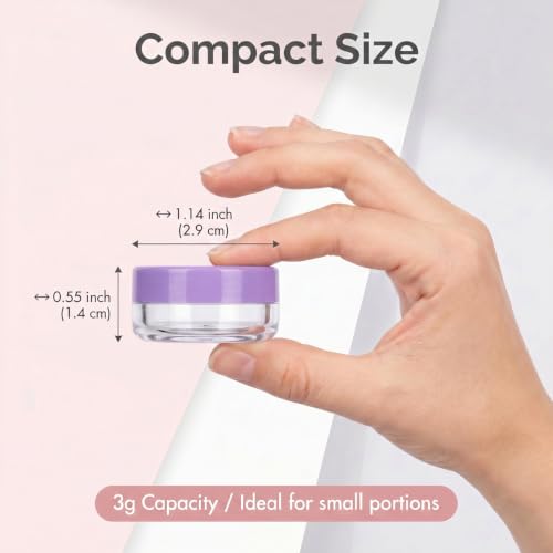3 Gram Sample Jars with Lids, 25 Count Mini Cosmetic Containers - Makeup Travel Containers with Labels, Tiny Disposable Spatulas - color: Purple